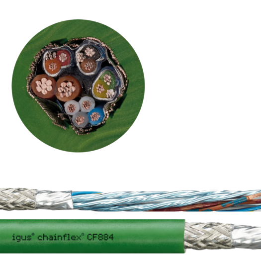 Presek i unutrašnjost Chainflex® 884 kabla za sistem merenja PVC
